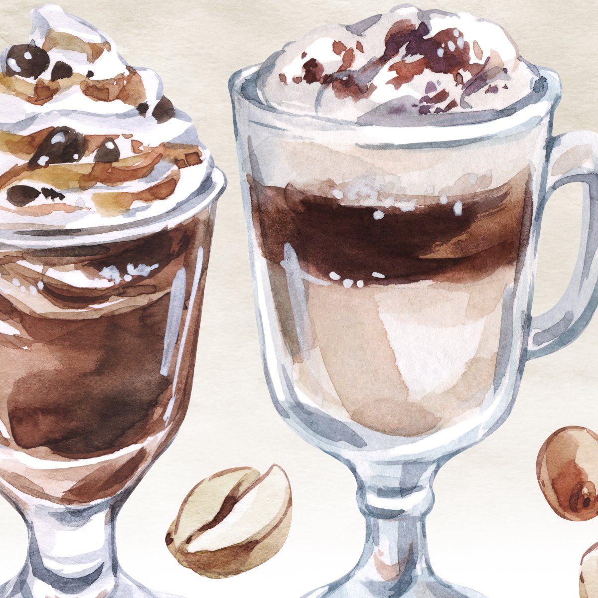 Naklejki na ścianę do kawiarni z filiżankami i szklankami kawy w brązowych i beżowych tonach