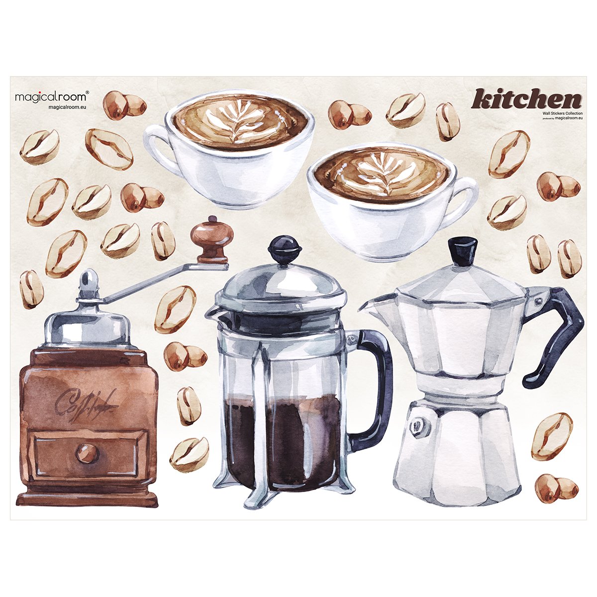 Naklejki na ścianę do kuchni z młynkiem, czajnikiem i filiżankami kawy