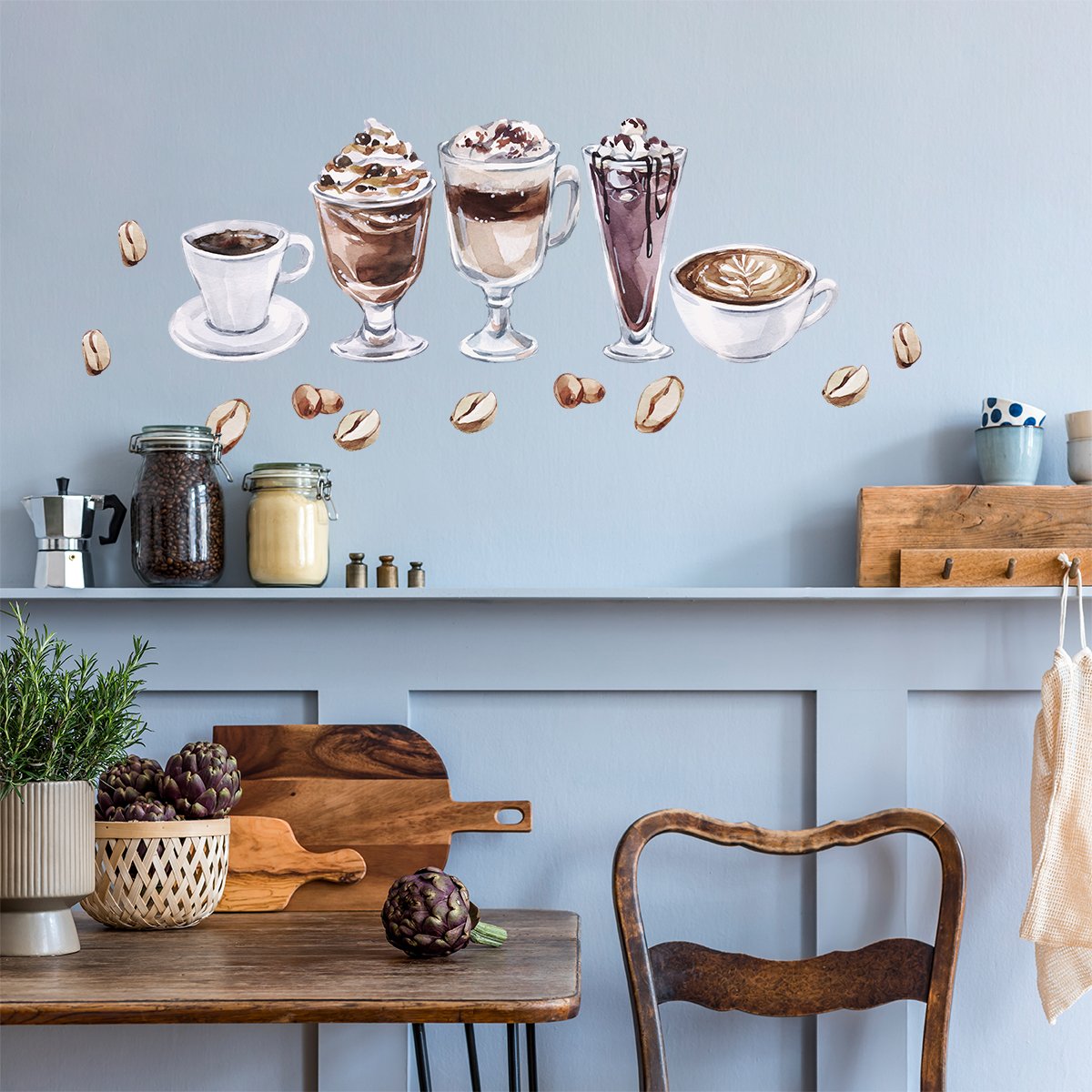 Naklejki na ścianę do kuchni z kawami i ziarenkami