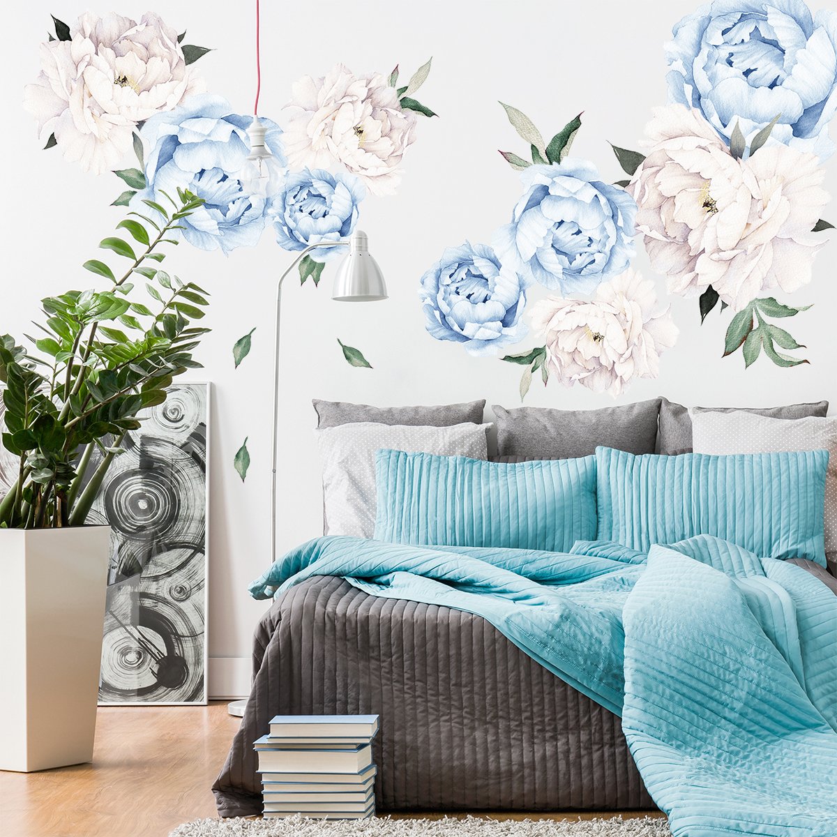 Naklejki na ścianę do sypialni białe i niebieskie piwonie#kolor_niebieski