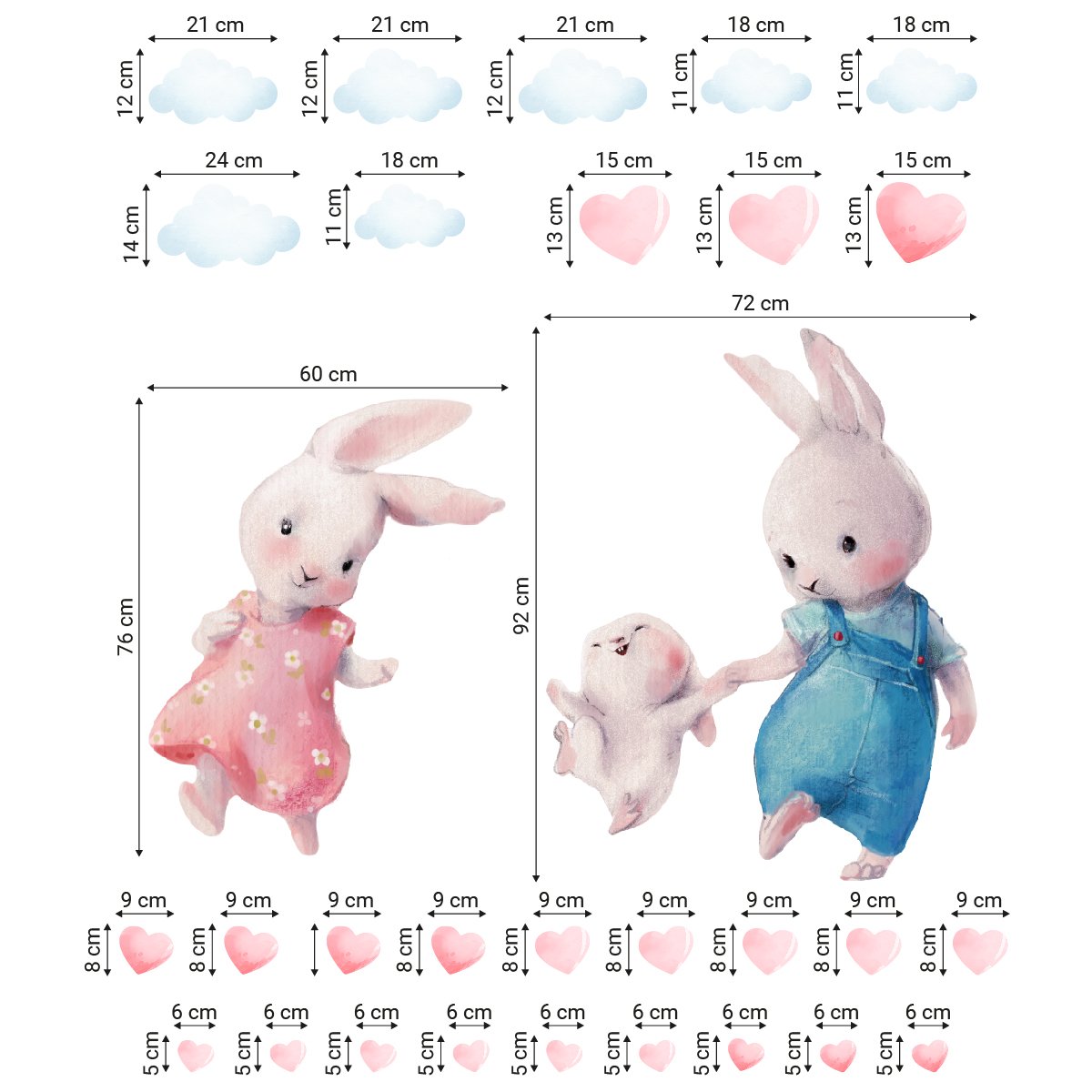 Kolorowe naklejki na ścianę do żłobka króliki, chmurki i serca