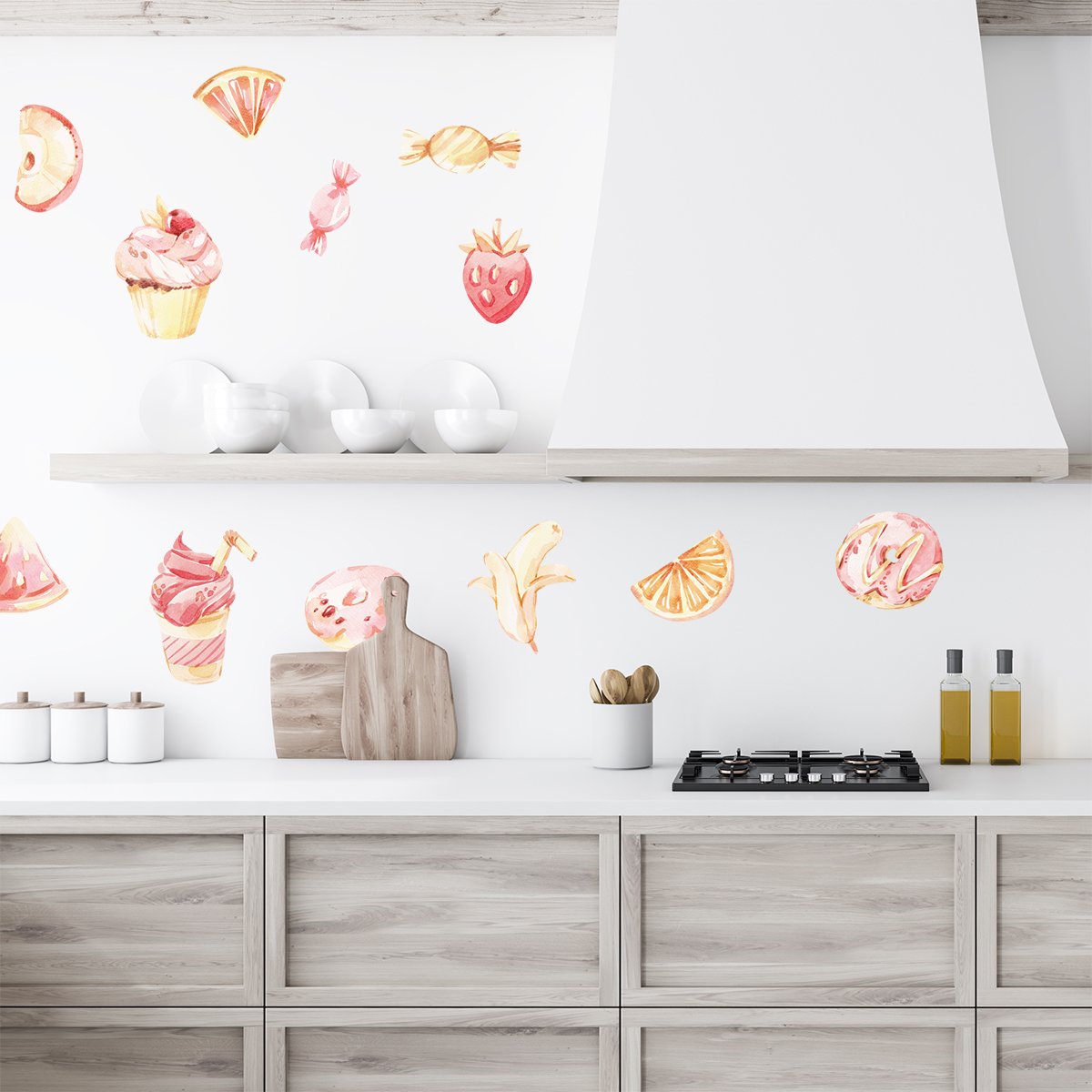 Naklejki na ścianę do kuchni z owocami, cukierkami i donutem