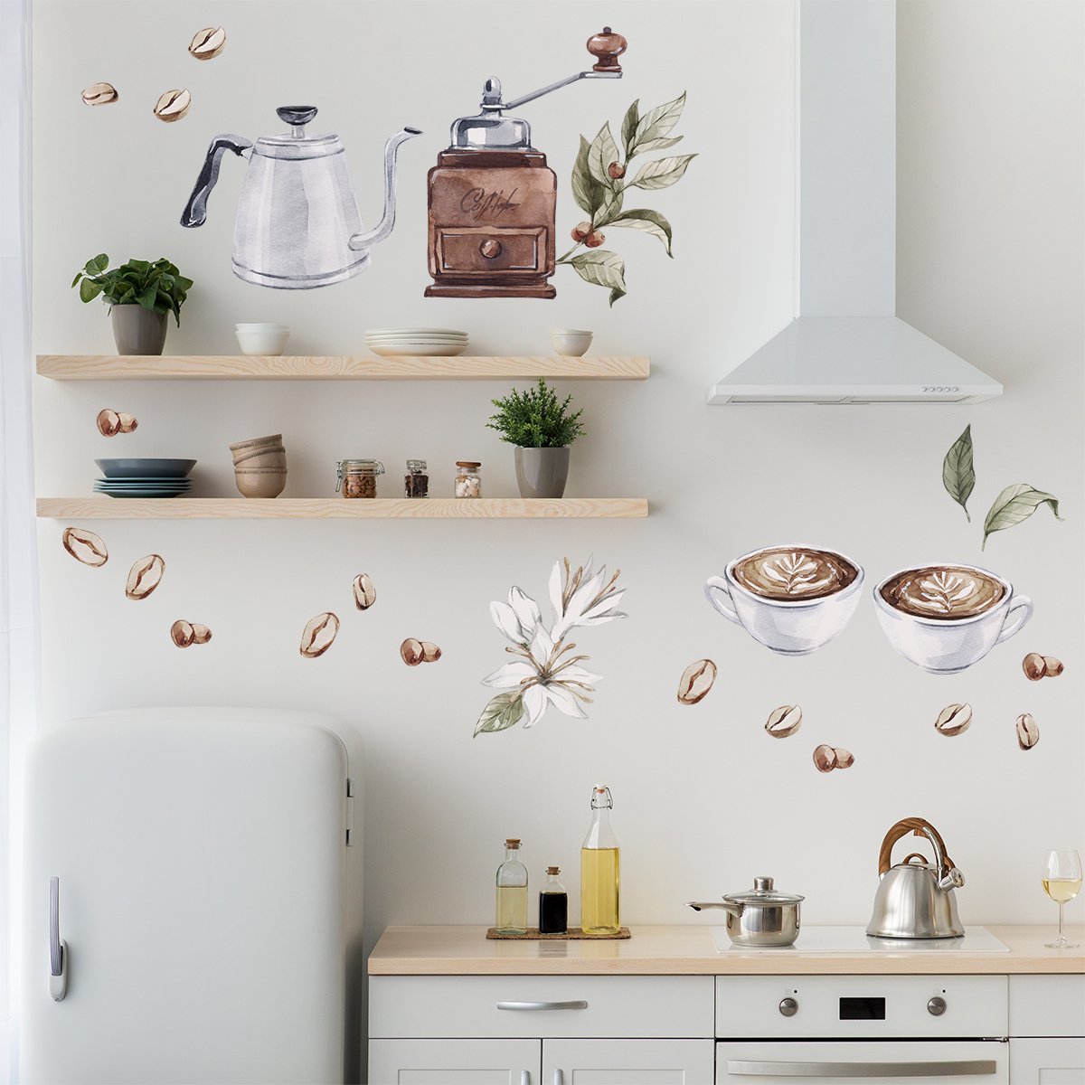 Naklejki na ścianę do kuchni białe filiżanki z kawą i ziarenkami