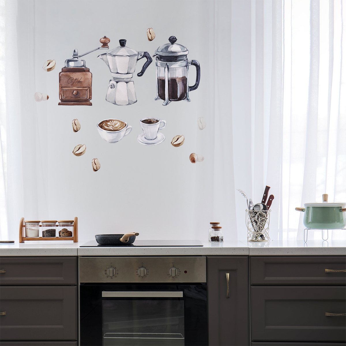 Naklejki na ścianę do kuchni filiżanki, młynek i dzbanek do kawy