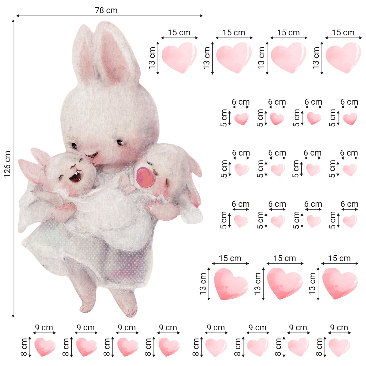 Duże naklejki na ścianę dla dziewczynki trzy króliczki i serca