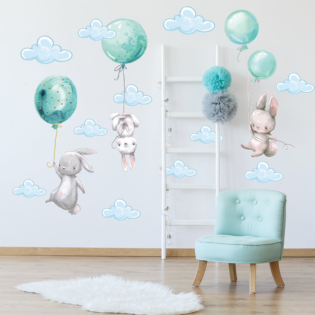 Naklejki króliki i miętowe balony#kolor_mietowy