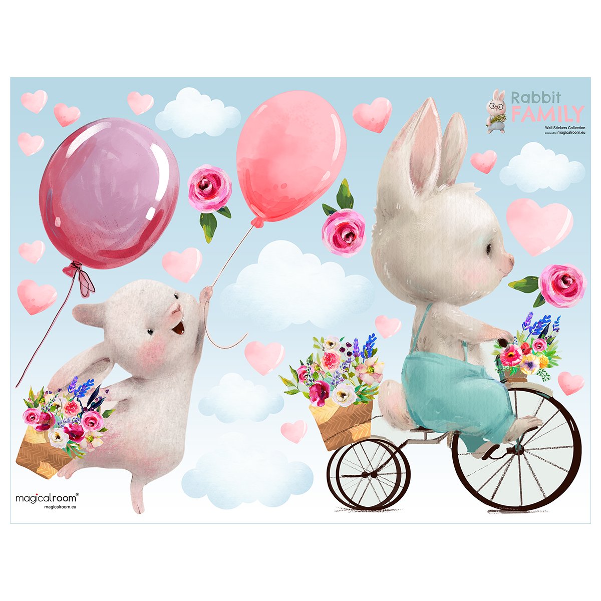 Kolorowe naklejki na ścianę dla dzieci królik, kwiaty i balony