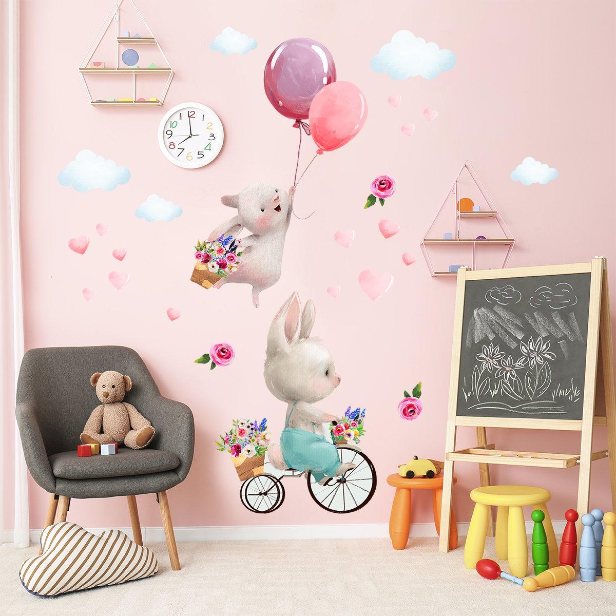 Naklejki na ścianę króliki, chmurki i kwiaty dla dziewczynki