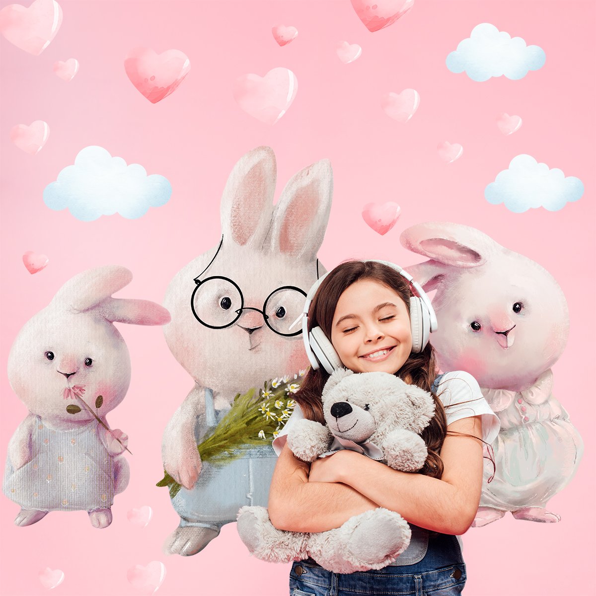 Naklejki na ścianę trzy króliki i chmurki dla dziewczynki