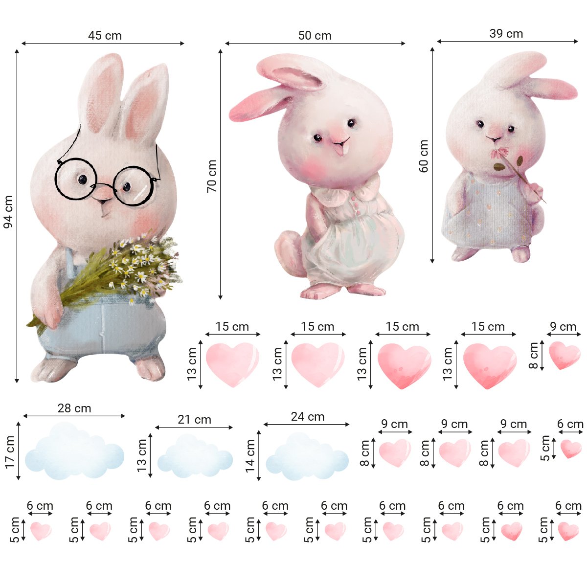 Naklejki na ścianę trzy króliki i chmurki do pokoju dziewczynki