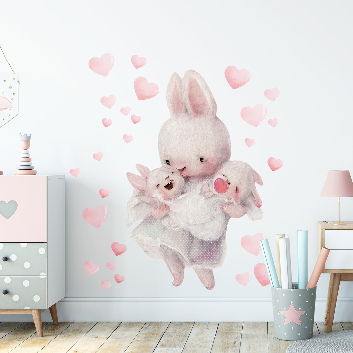 Naklejki na ścianę dla dzieci - królicza mama z dwójką małych króliczków