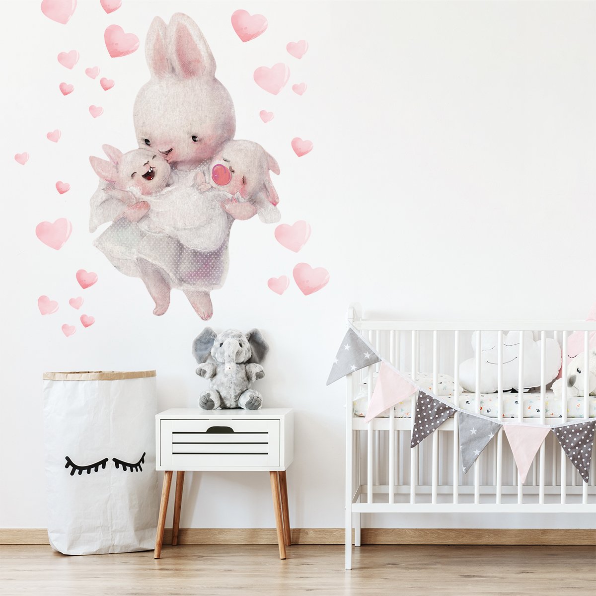 Duże naklejki na ścianę króliki i pastelowe serca dla małego dziecka