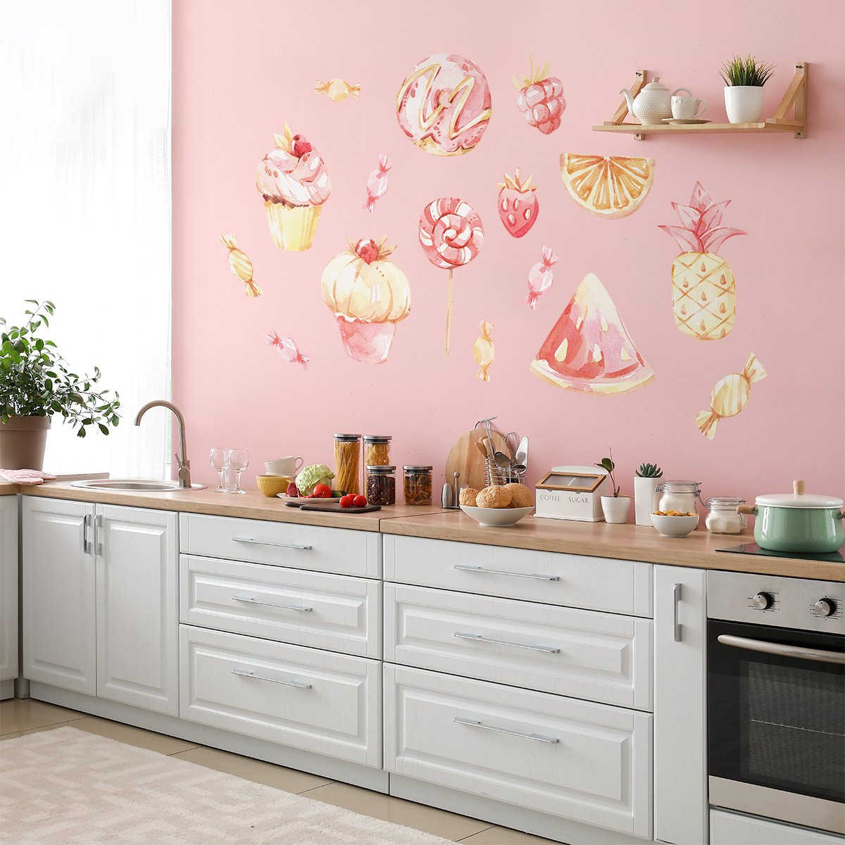 Naklejki kuchenne w stylu skandynawskim ze słodyczami, ciastkami i owocami w pastelowych barwach