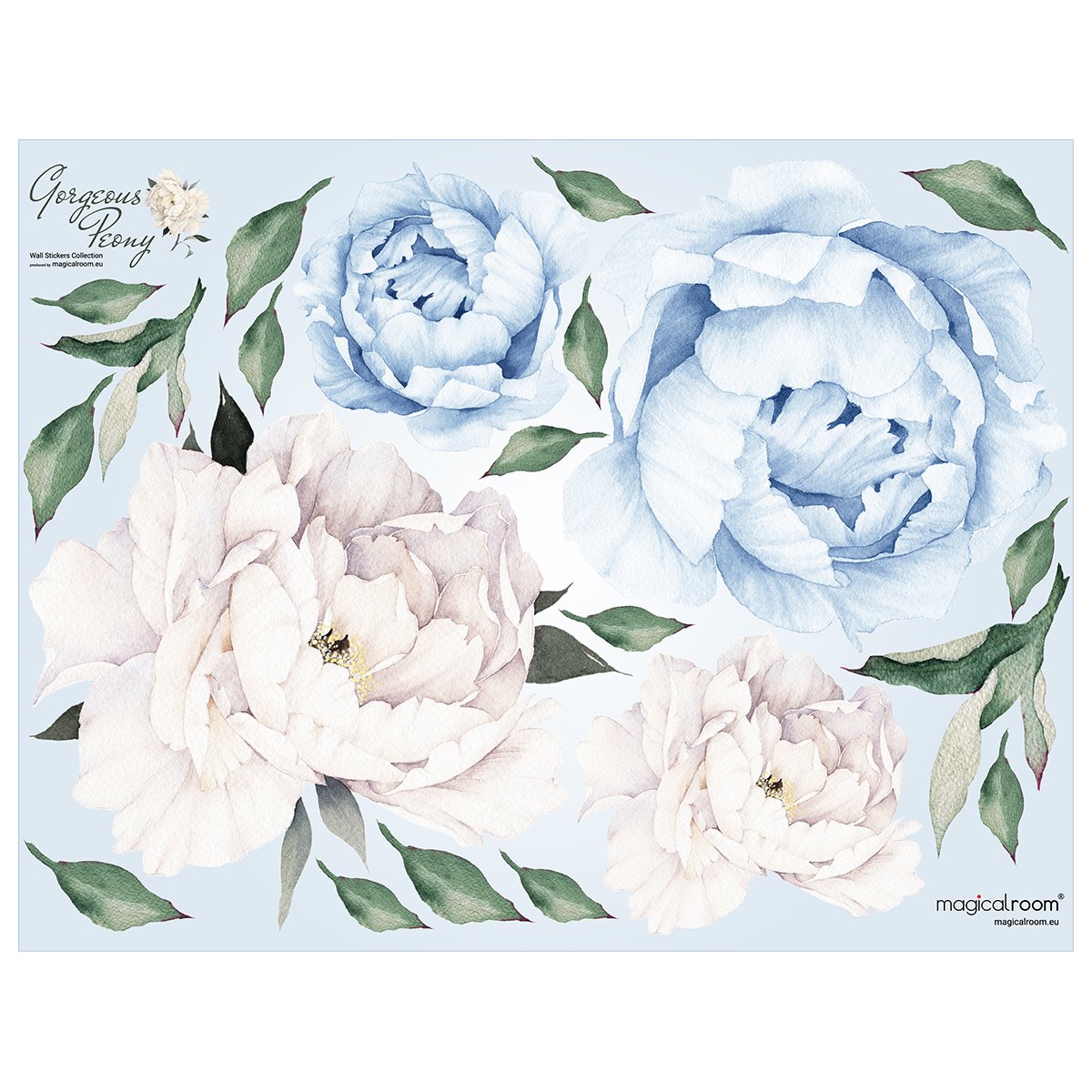 Naklejki na ścianę niebieskie i białe kwiaty piwonie#kolor_niebieski