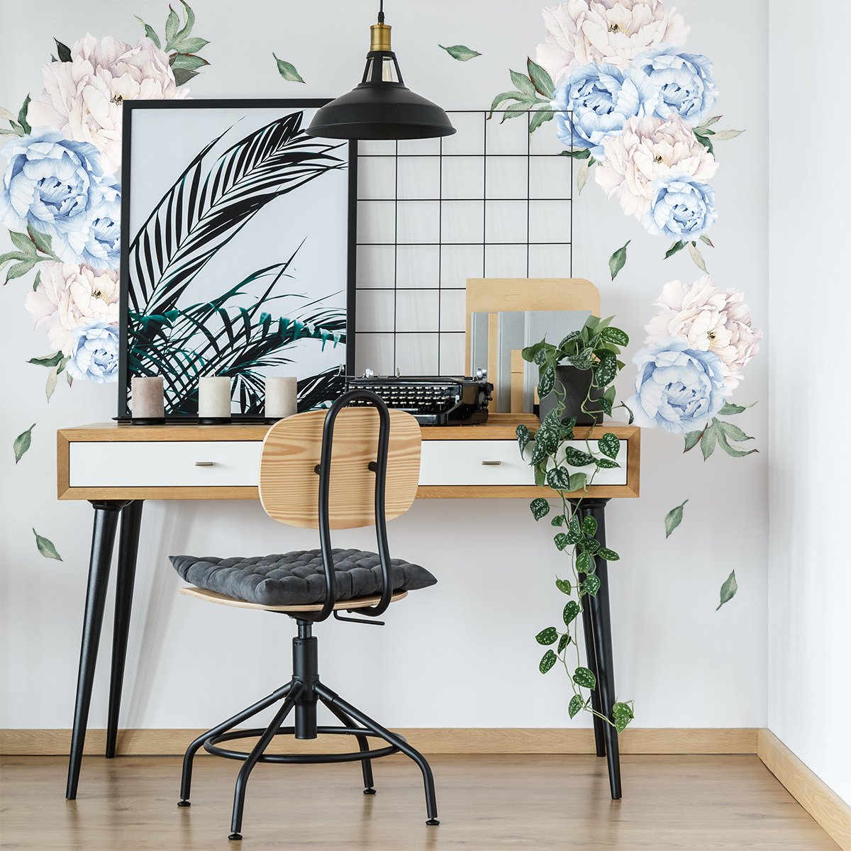 Naklejki białe i niebieskie kwiaty piwonie do salonu#kolor_niebieski