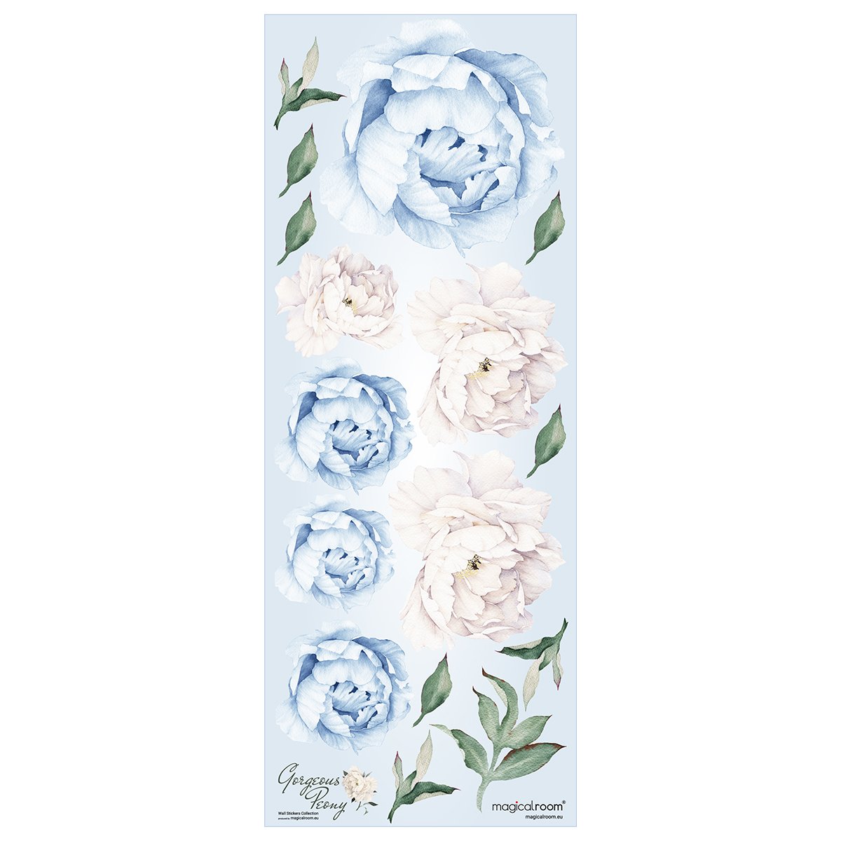 Naklejki na ścianę białe i niebieskie kwiaty piwonie do pokoju dziecięcego#kolor_niebieski
