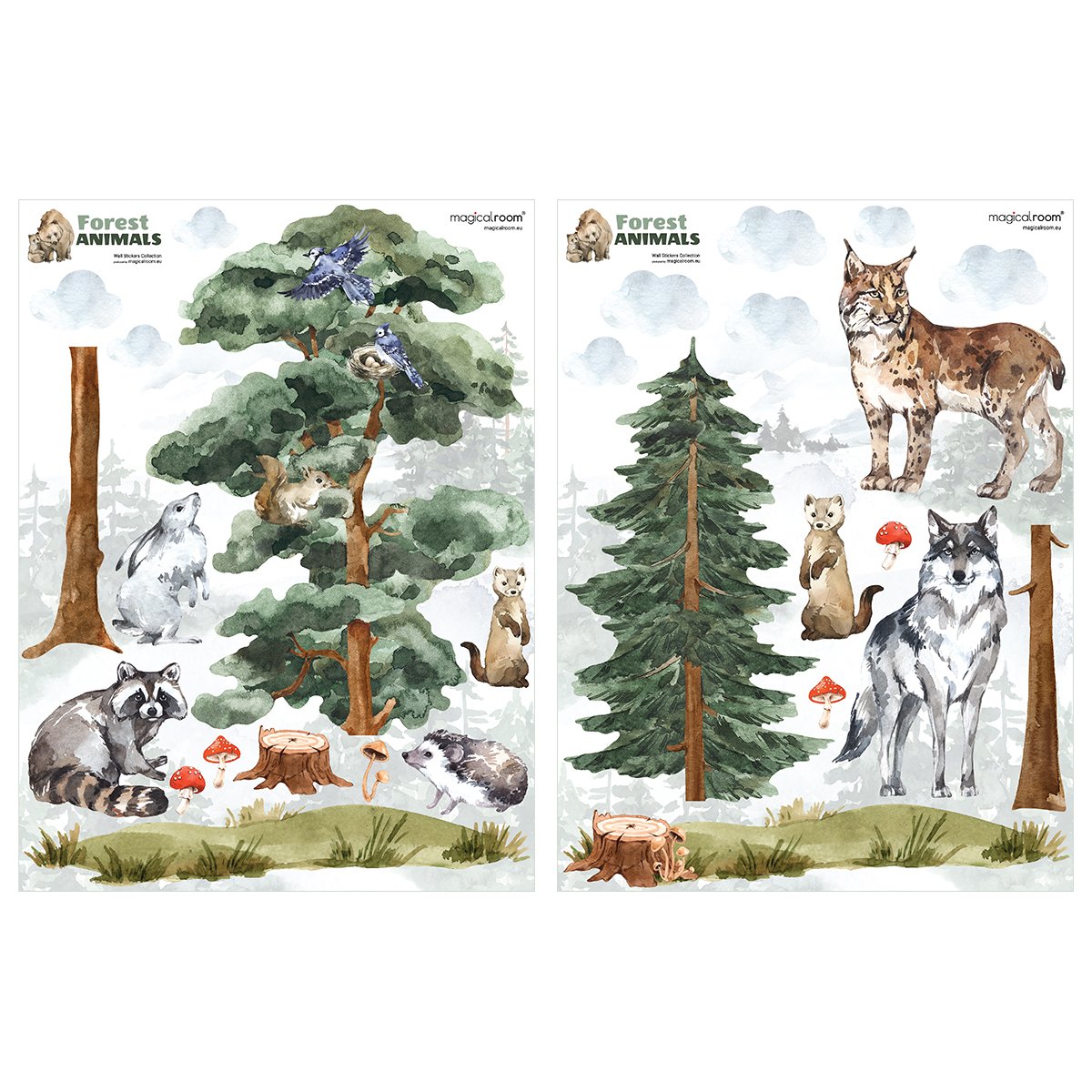 Kolorowe naklejki na ścianę las i zwierzęta leśne dla dzieci