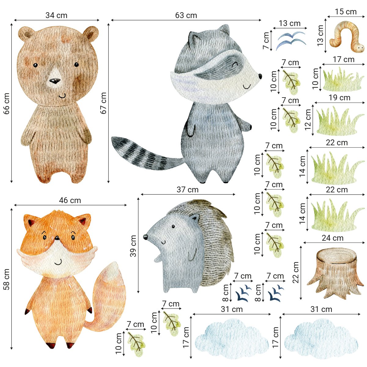 Naklejki na ścianę do pokoju dziecięcego rudy lisek, miś, szop pracz i jeż