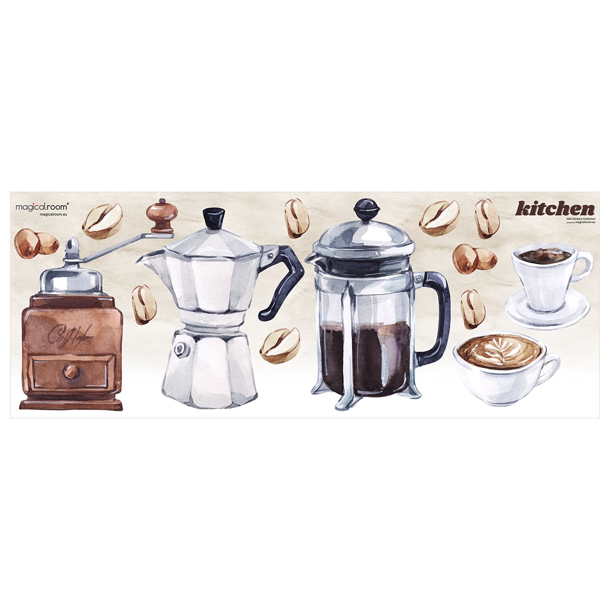 Naklejki na ścianę do kuchni młynek, czajnik i filiżanki z kawą