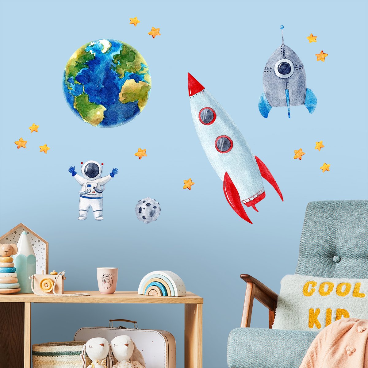 Naklejki na ścianę dla chłopca astronauta, ziemia i rakieta