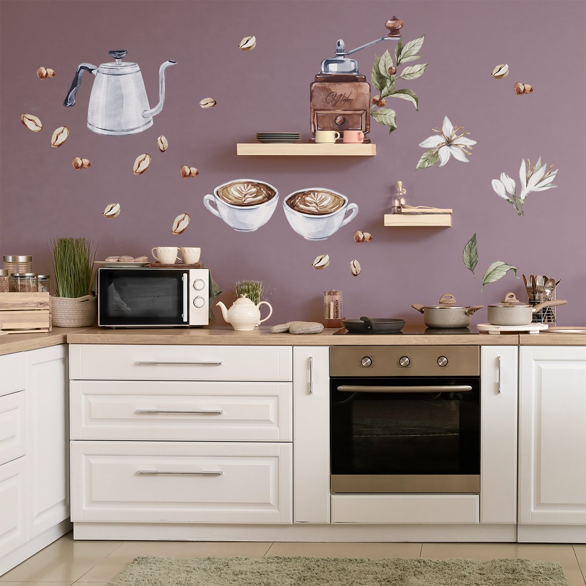 Naklejki na ścianę do kuchni filiżanki, czajnik, młynek i zielone gałązki kawy