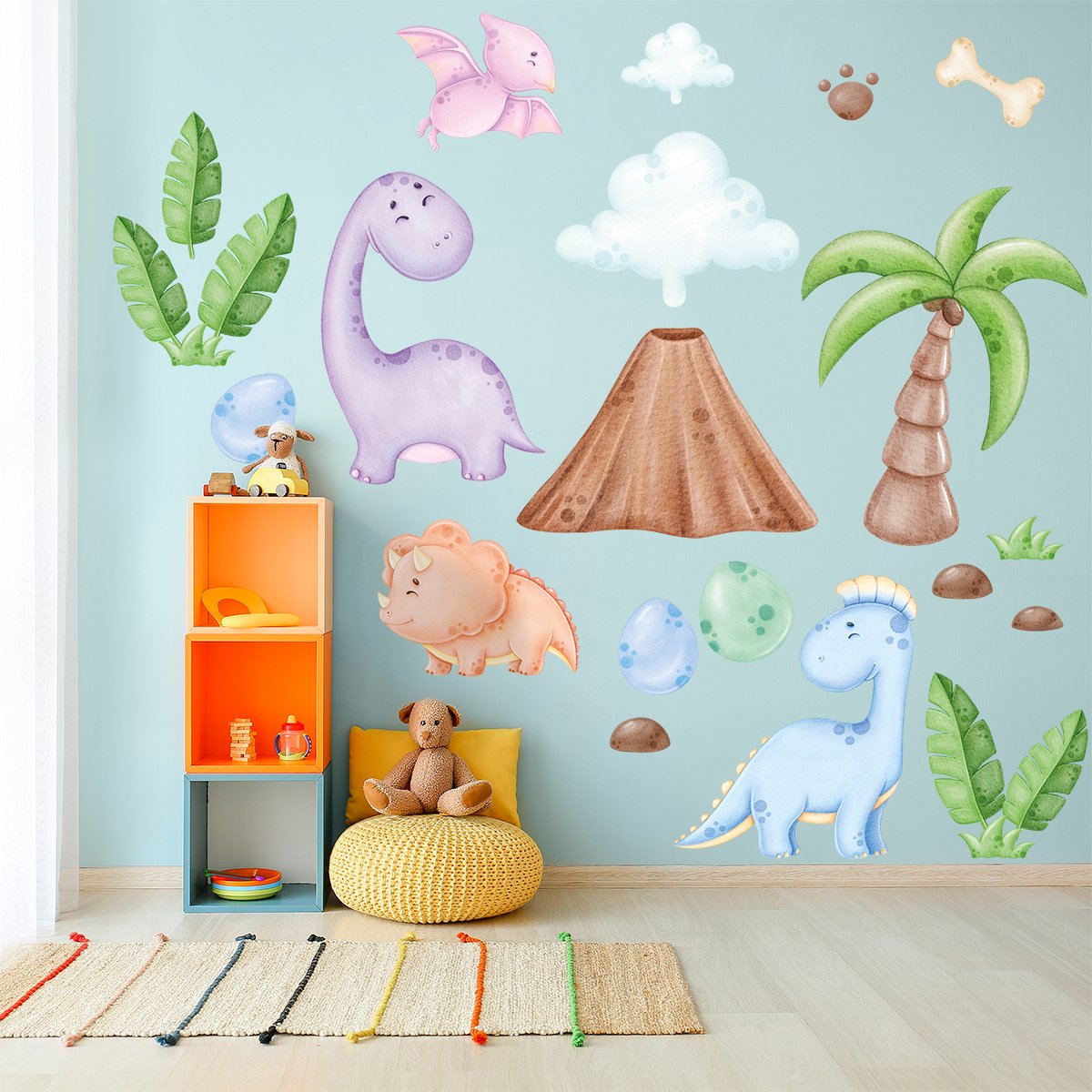 Duże, kolorowe naklejki na ścianę do przedszkola dinozaury, rośliny , palma i wulkan