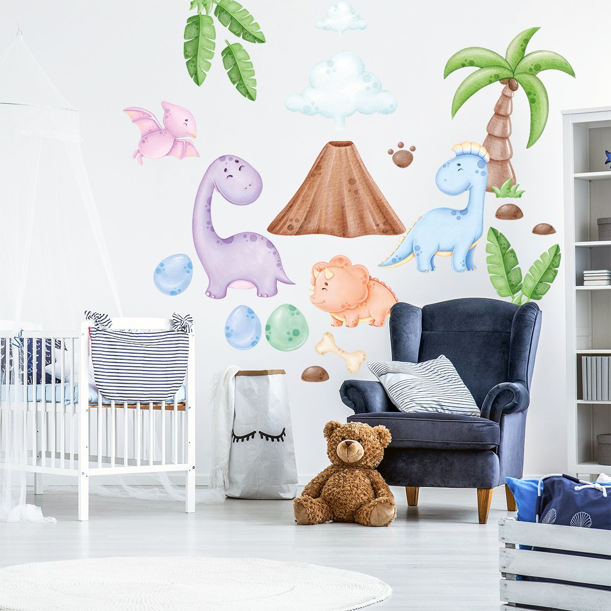 Kolorowe naklejki na ścianę do pokoju niemowlaka wesołe dinozaury i egzotyczne rośliny