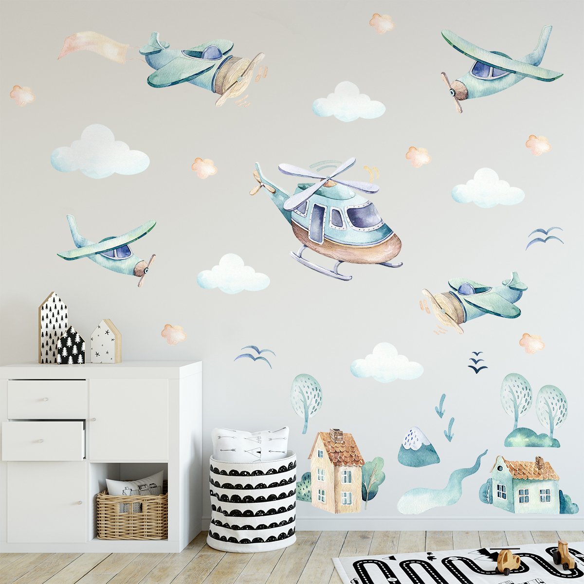Naklejki na ścianę dla dzieci samoloty i chmurki