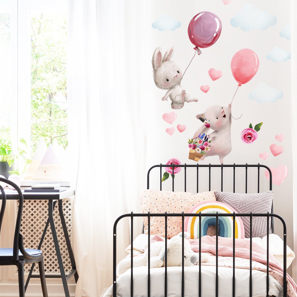 Naklejki na ścianę dla dzieci różowe balony i króliczki