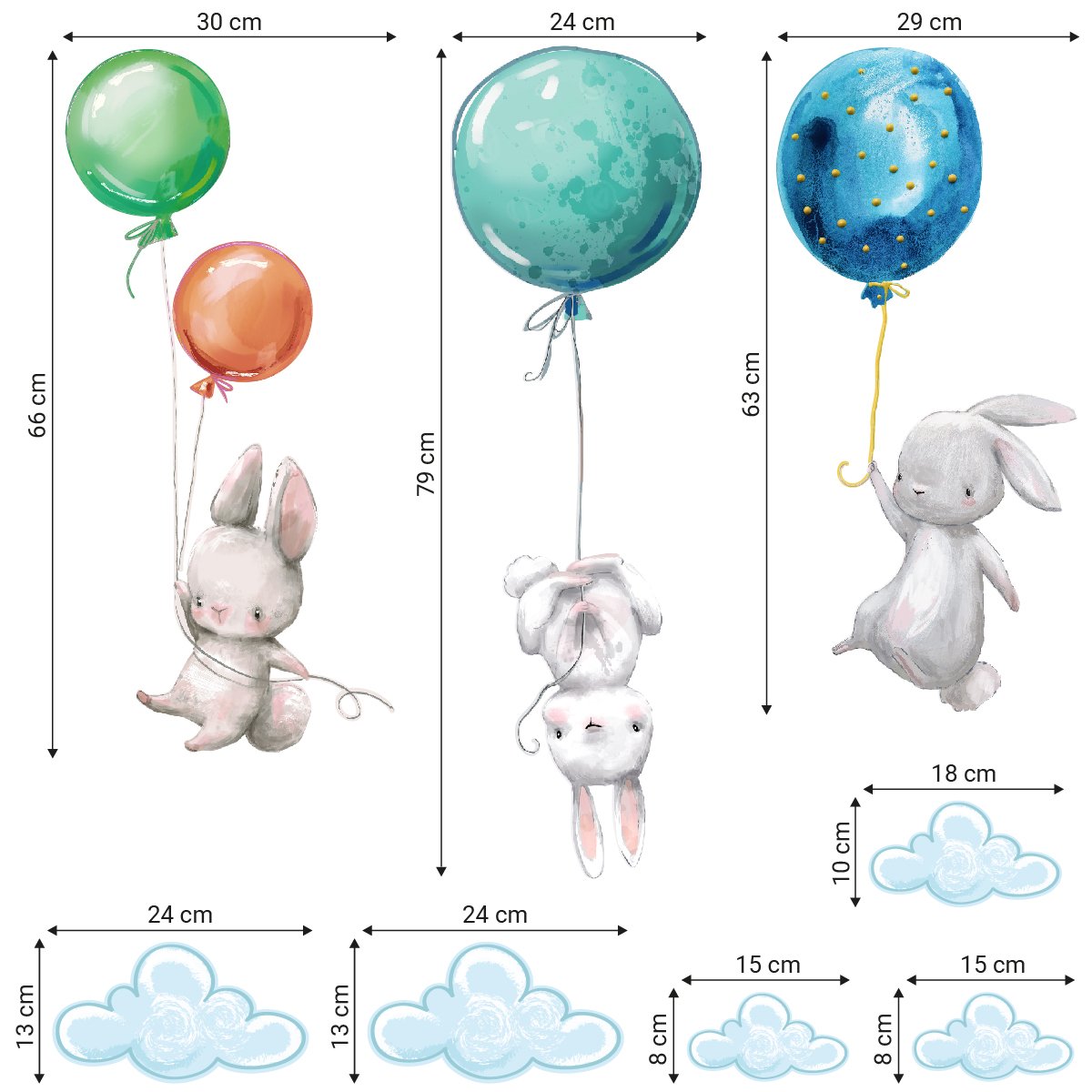 Naklejki na ścianę dla dzieci króliki i balony#kolor_kolorowy