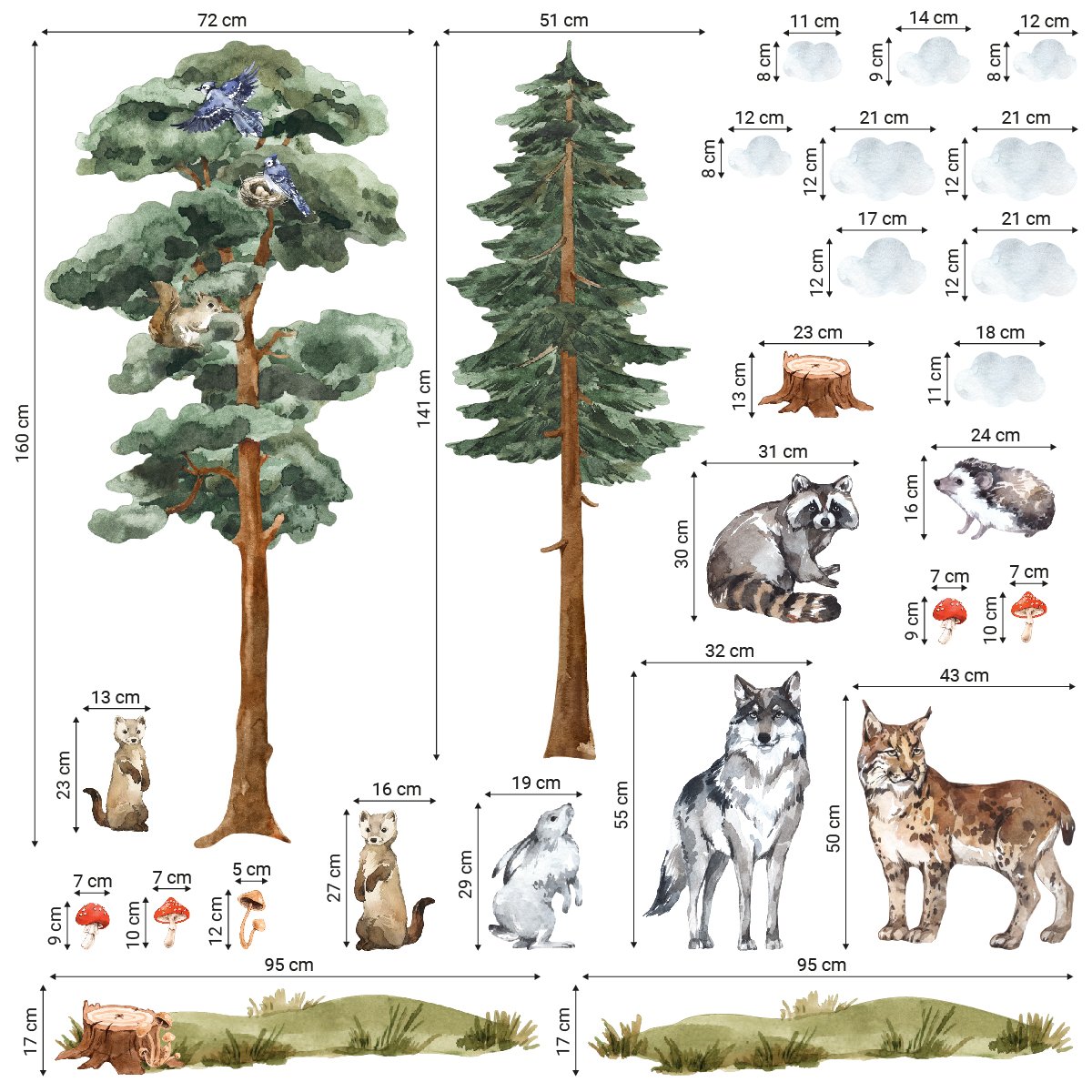 Naklejki na ścianę dla dzieci las i zwierzęta leśne