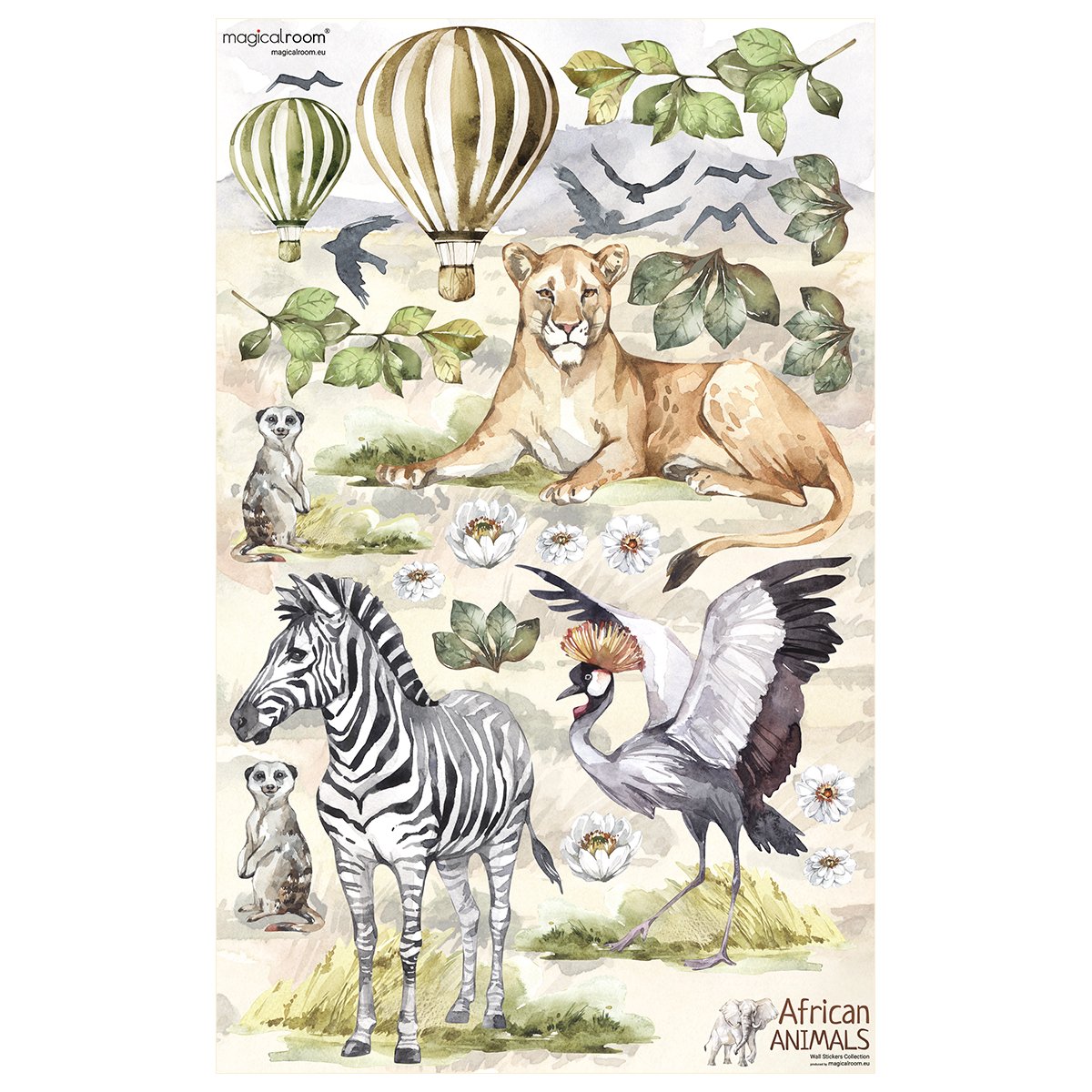 Naklejki na ścianę dla dzieci zwierzęta Afryki lwica, zebra, surykatki i żuraw