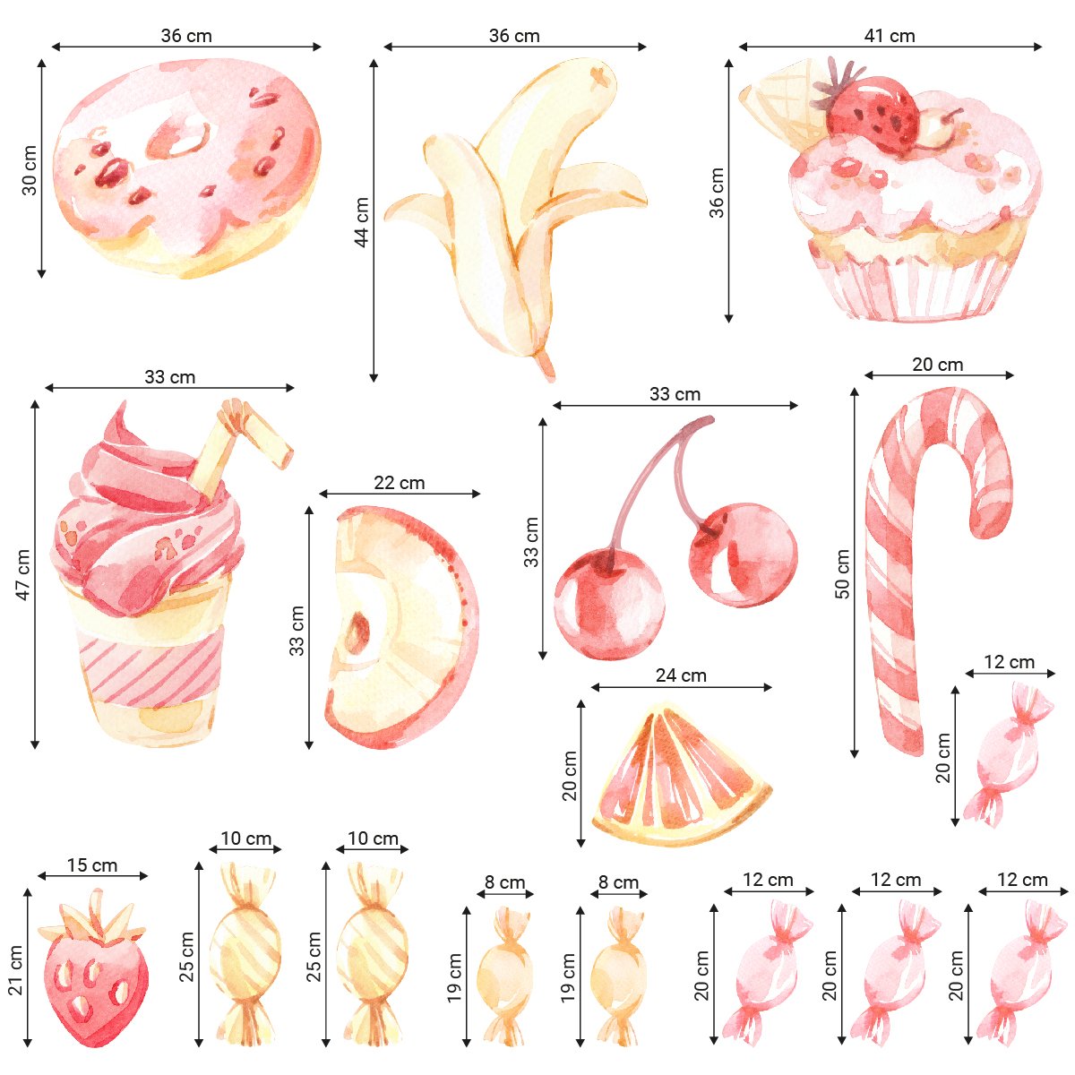 Naklejki na ścianę do cukierni z wypiekami, babeczkami i owocami w pastelowych barwach