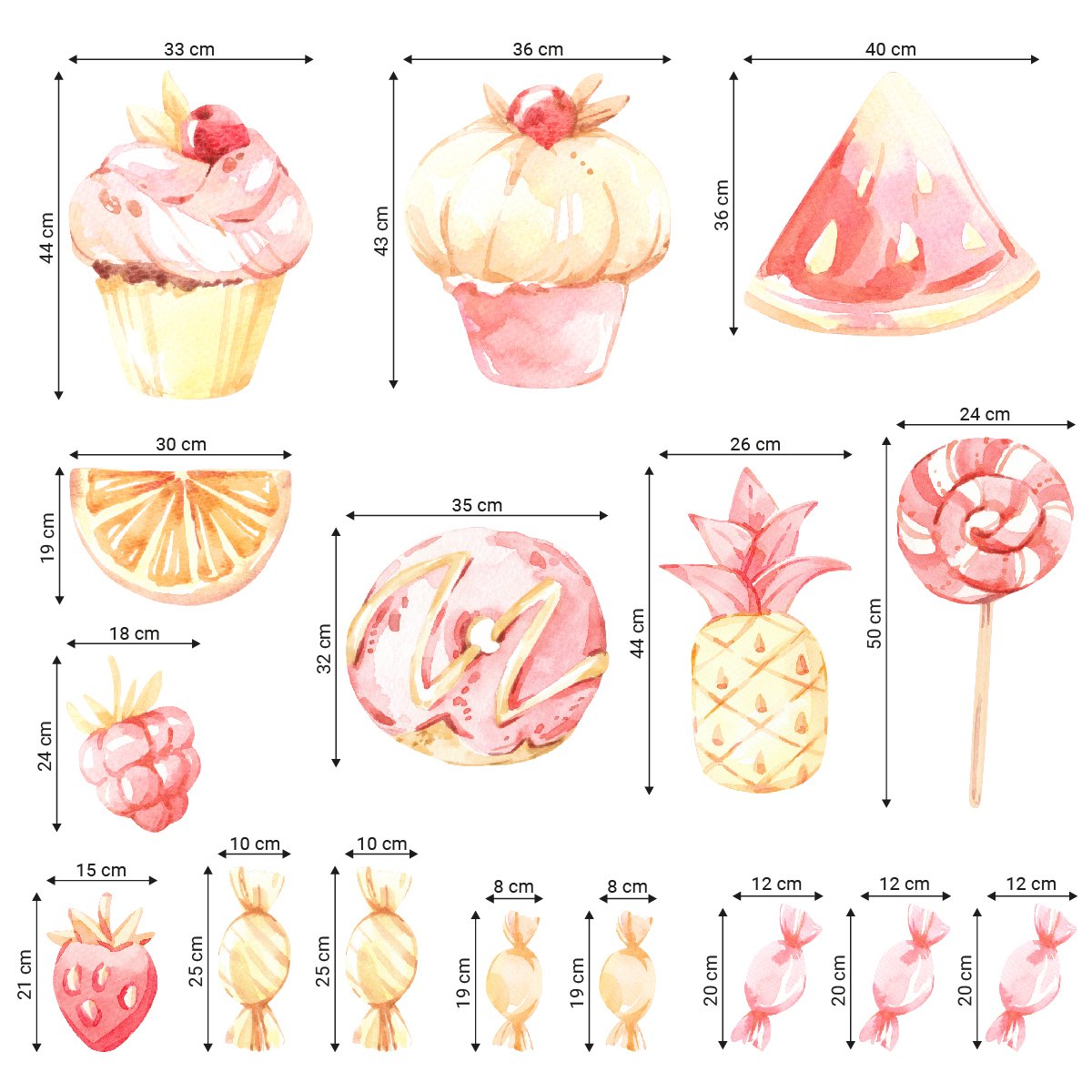 Naklejki na ścianę do kawiarni wypieki, muffinki i owoce w pastelowych odcieniach