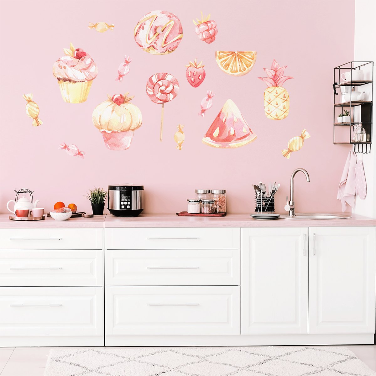 Pastelowe naklejki na ścianę do kuchni z owocami, wypiekami i słodyczami