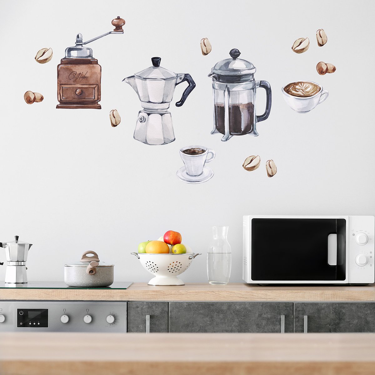Naklejki na ścianę do kuchni młynek do kawy, filiżanki i ziarenka