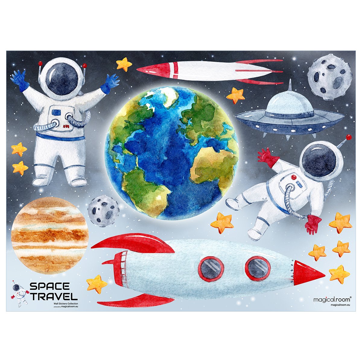 Naklejki na ścianę do pokoju dziecięcego ziemia, rakieta, kosmos i statek ufo