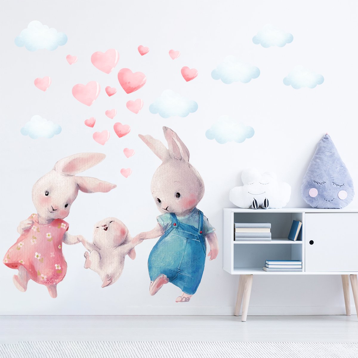 Duże, kolorowe naklejki na ścianę do pokoju dziecięcego króliki i pastelowe serduszka