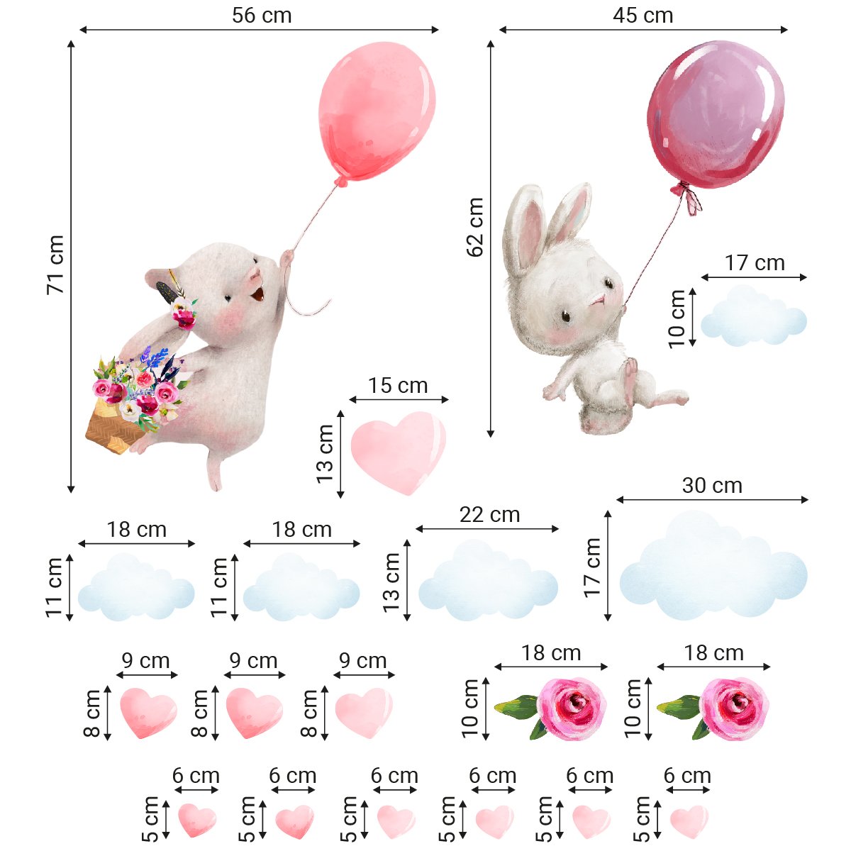 Kolorowe naklejki na ścianę do pokoju dziecięcego króliki i balony