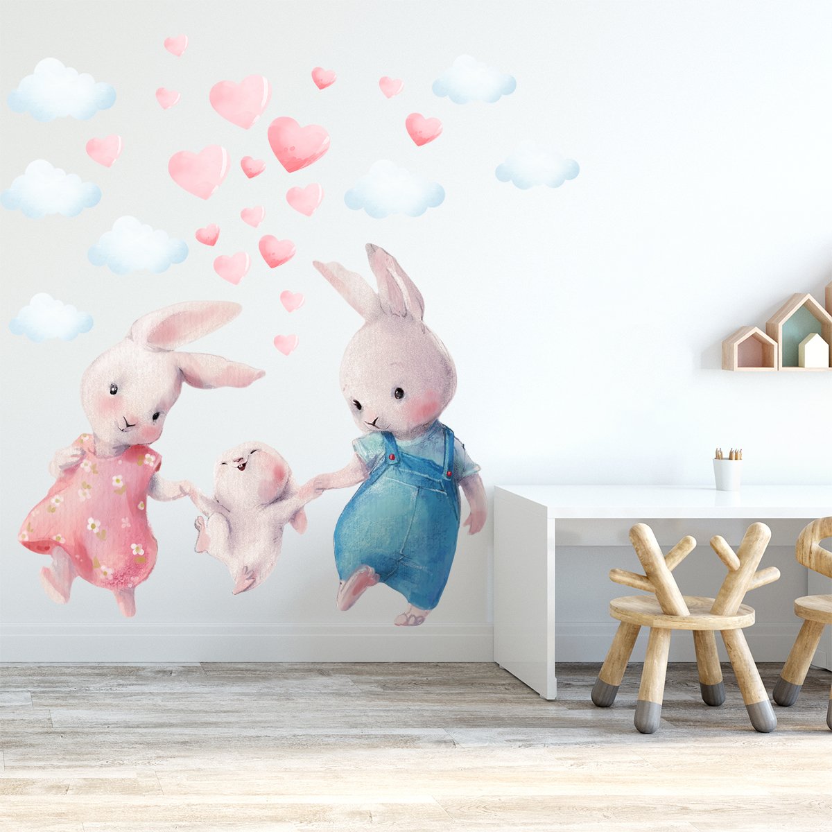 Duże naklejki na ścianę do przedszkola trzy królik i chmury