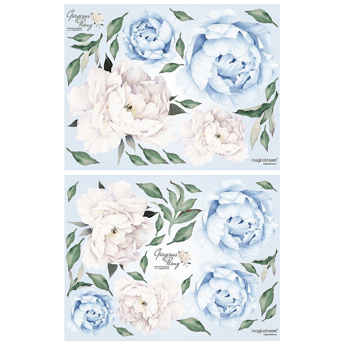 Naklejki na ścianę duże niebieskie i białe piwonie do salonu#kolor_niebieski