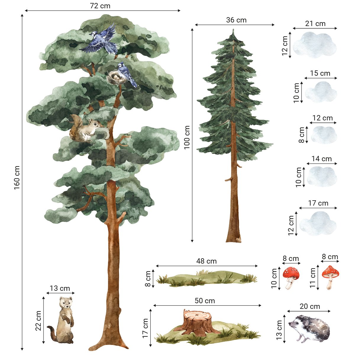 Kolorowe naklejki na ścianę dla dzieci dwa wysokie drzewa, chmurki i jeż