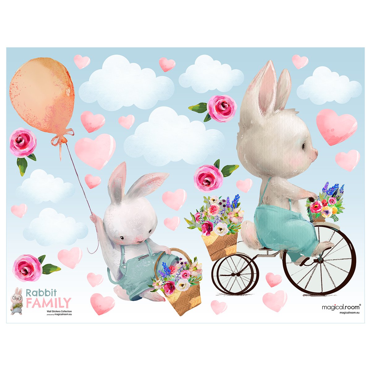 Duże naklejki na ścianę dwa króliczki, serca i chmurki do pokoju dziewczynki