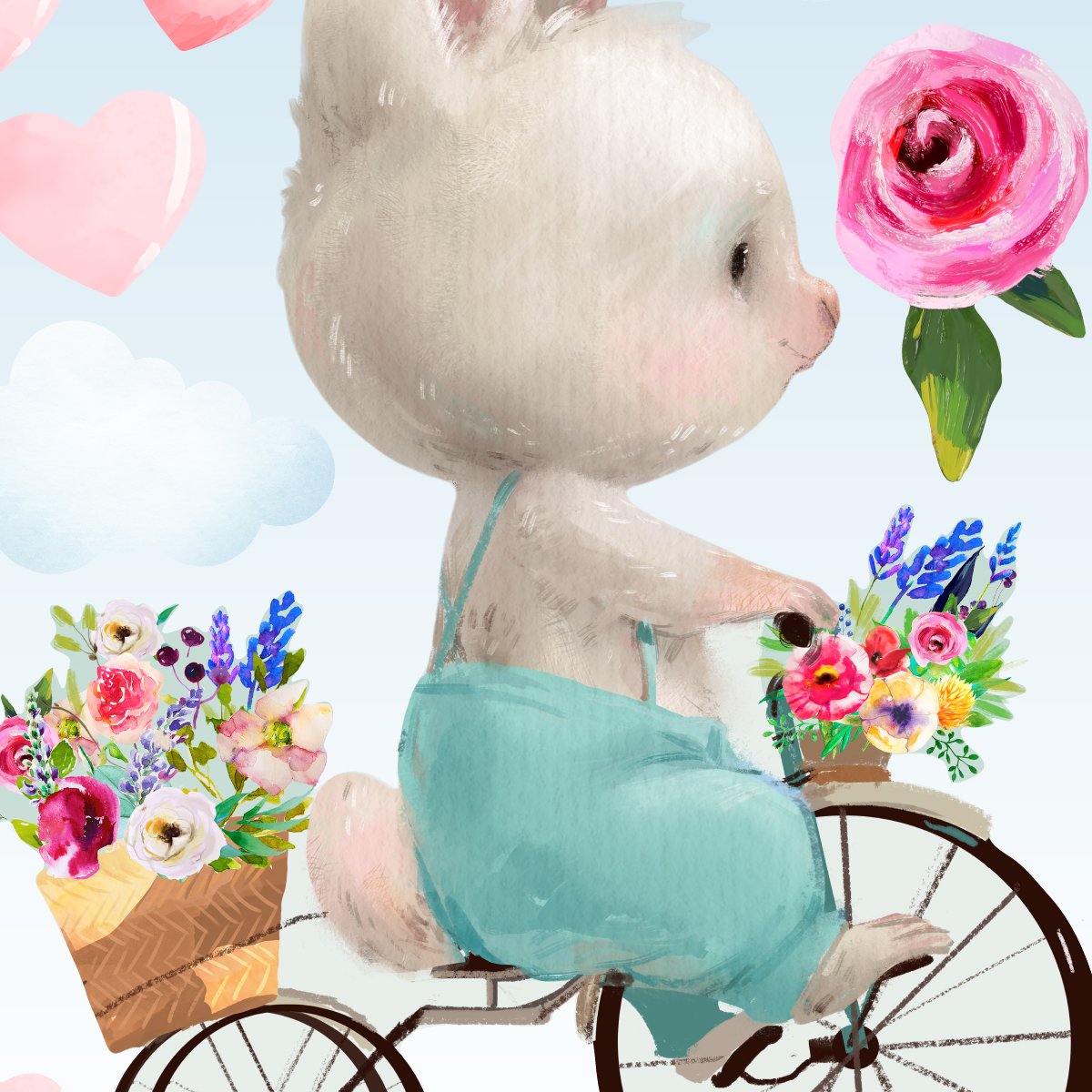 Naklejki na ścianę dwa króliczki, serca i kwiaty do pokoju dziecięcego