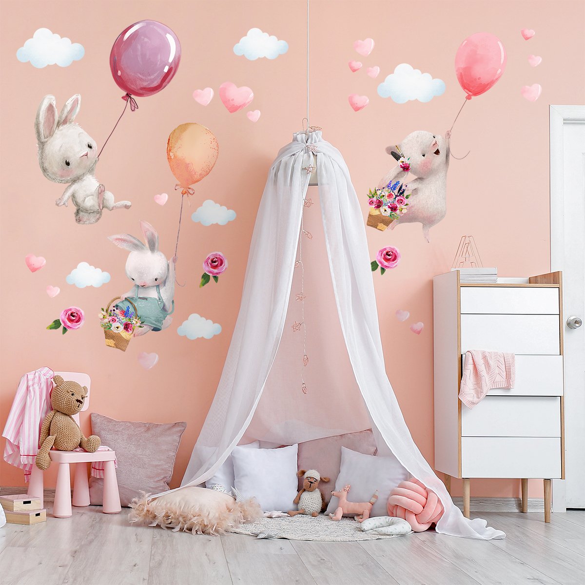 Duże naklejki na ścianę trzy króliczki z balonami i chmurki do pokoju dziewczynki