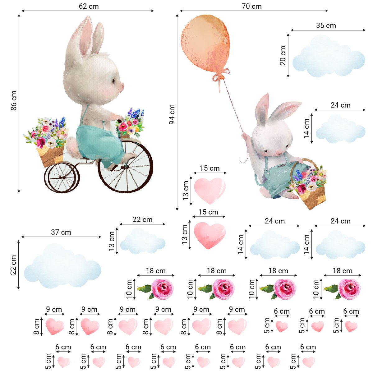 Kolorowe naklejki na ścianę dwa króliki i kwiaty dla dziewczynki