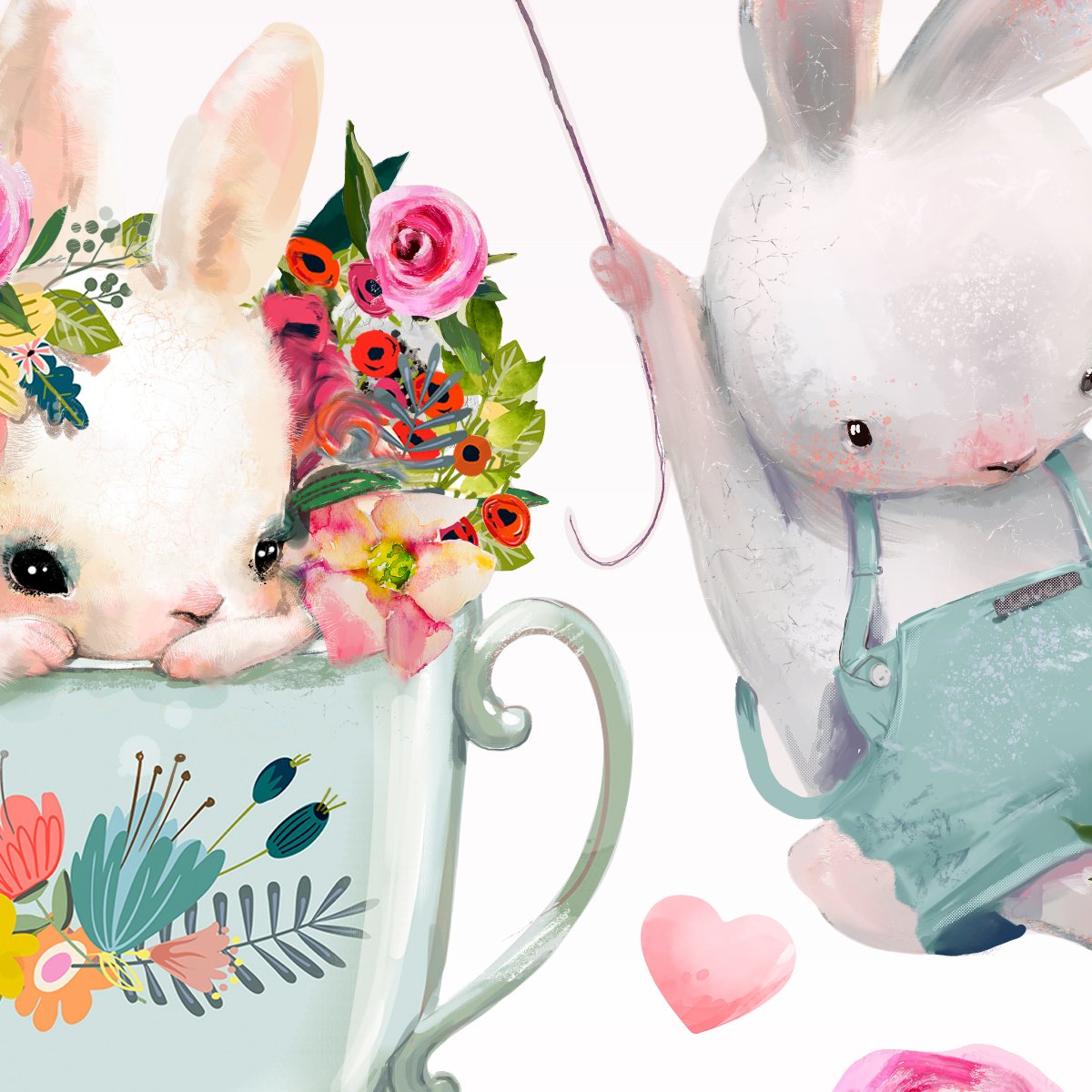 Kolorowe naklejki na ścianę do pokoju dziecięcego trzy króliki, serca i kwiaty