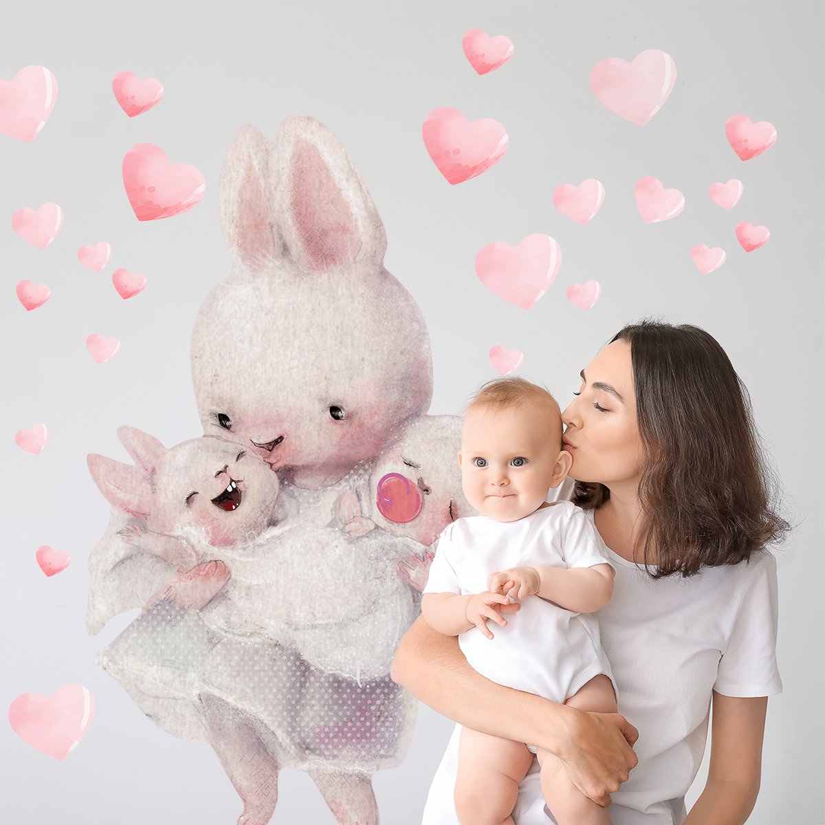 Naklejki na ścianę dla dzieci króliki i różowe serca