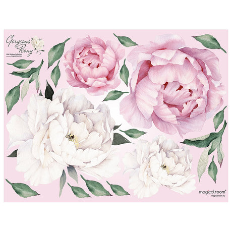 Naklejki na ścianę - kwiaty peonie z listkami#kolor_rozowy