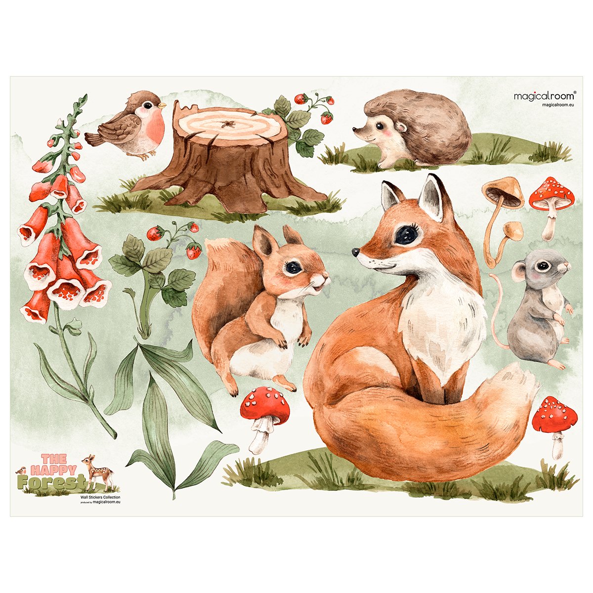 Naklejki na ścianę leśne zwierzęta i kwiaty